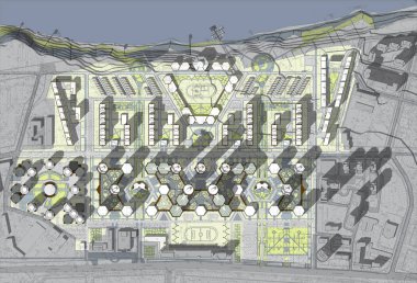 Kentsel mahalle. Gölgeler ile bina surround. Üstten Görünüm.