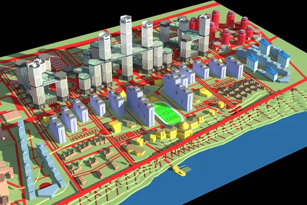 A computer model of the modern city in bright colors