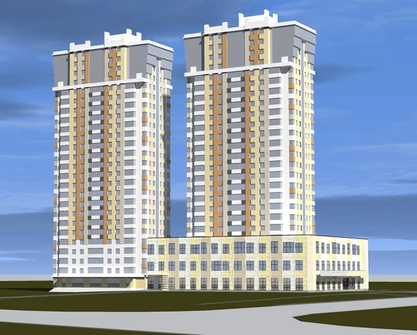 Due grattacieli residenziali con un ufficio sullo sfondo del cielo, una tavolozza marrone-bianca della facciata — Foto Stock