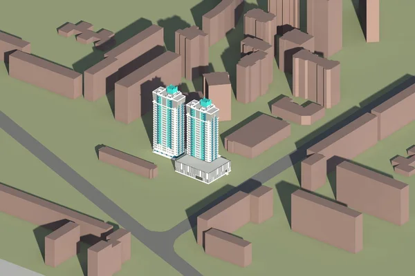 Аеронометричний вид на житлову зону з двома зеленими і білими будинками в центрі групи сірих будинків. Навколо будівлі . — стокове фото
