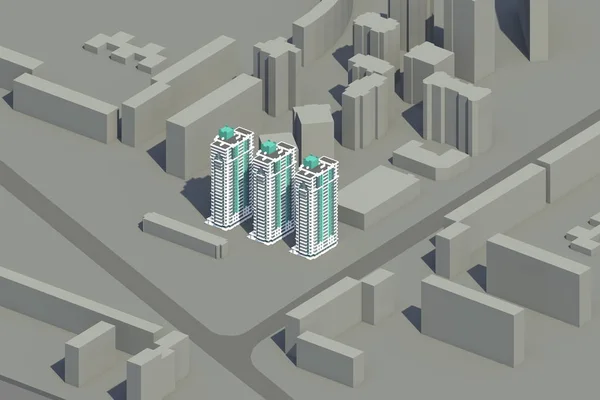 Vue axonométrique d'un quartier résidentiel avec trois bâtiments verts et blancs au centre du groupe de maisons grises. Encerclez le bâtiment . — Photo