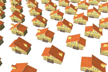 bir sürü beyaz zemin üzerine döşenmiş çatı ile sarı evler