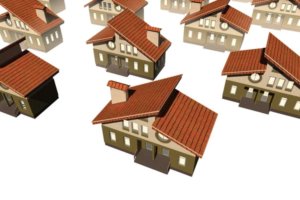 Modell av privata land hus står i rader på vit bakgrund — Stockfoto