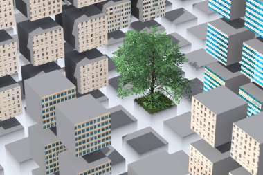 Beton bir metropol ortasında yalnız ağaç