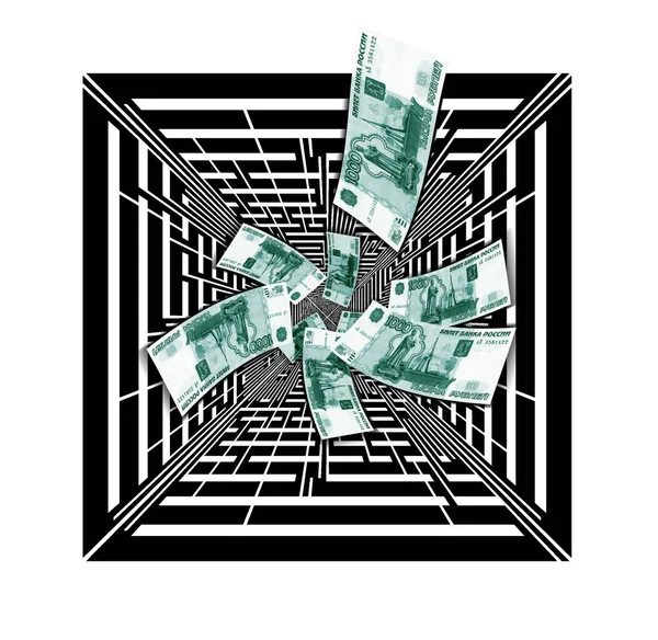 Green money fly out of a square funnel with a maze — Stock Photo, Image