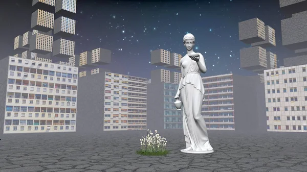 Antika sürahiler ve flowerbed şehir bir arka plan üzerinde bir kızla heykeli