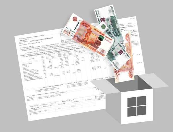 Hizmet programları. Sembolik kutusu evde ödeme makbuzu arka plan üzerinde uçan para.