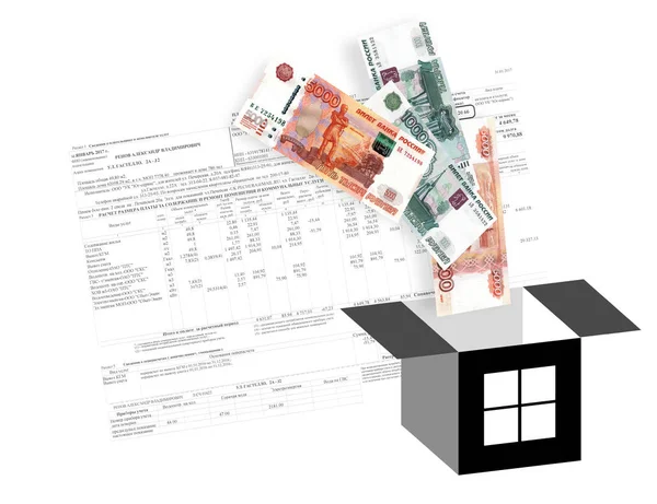 Utilitaires. Argent volant dans le box-house symbolique sur le fond du reçu de paiement . — Photo