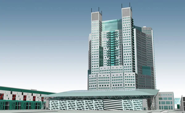 Moderní multifunkční centrum s mrakodrap — Stock fotografie