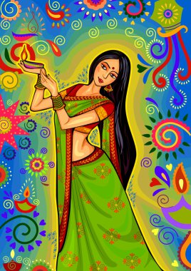 Diya dekorasyon için Diwali Festivali kutlama Hindistan Hint kadınla
