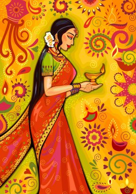 Diya dekorasyon için Diwali Festivali kutlama Hindistan Hint kadınla