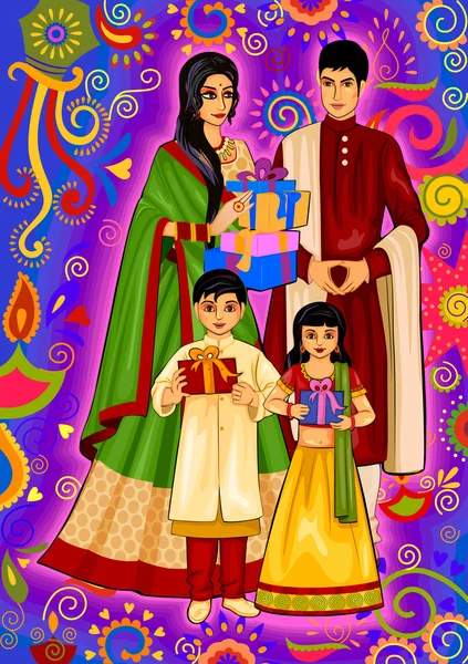 Keluarga India dengan hadiah untuk perayaan festival Diwali di India - Stok Vektor