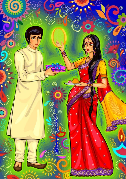 Індійська пара дивлячись через сито під час святкування Karwa Chauth в Індії — стоковий вектор