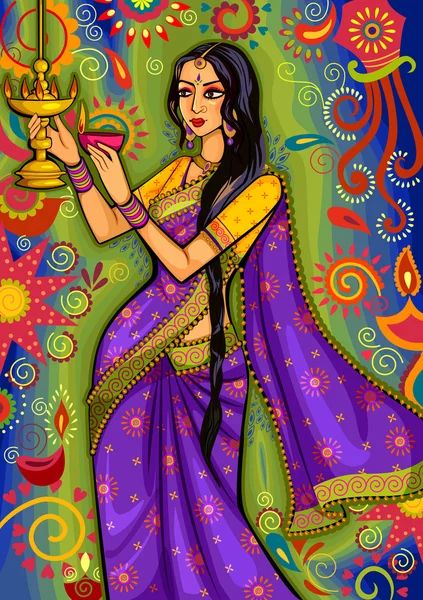 Femme indienne avec décoration diya pour la célébration du festival Diwali en Inde — Image vectorielle