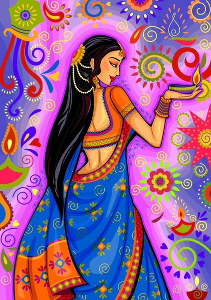 Mujer india con decoración diya para la celebración del festival Diwali en la India — Archivo Imágenes Vectoriales