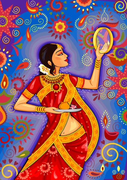 Femme indienne regardant à travers le tamis pendant la célébration de Karwa Chauth — Image vectorielle