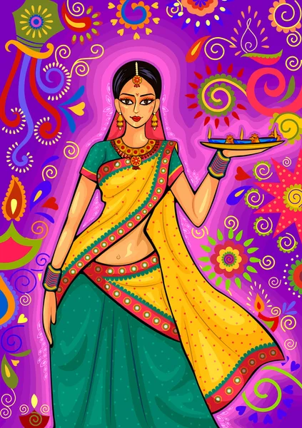 Femme indienne avec décoration diya pour la célébration du festival Diwali en Inde — Image vectorielle