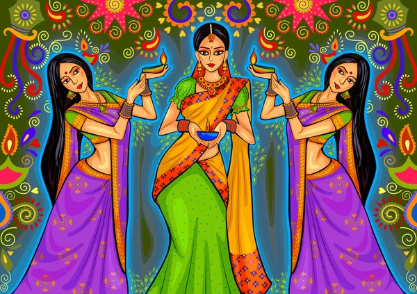 Diya dekorasyon için Diwali Festivali kutlama Hindistan Hint kadınla — Stok Vektör