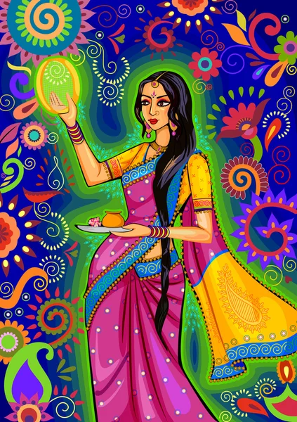 Femme indienne regardant à travers le tamis pendant la célébration de Karwa Chauth — Image vectorielle