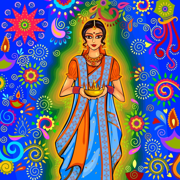 Mujer india con decoración diya para la celebración del festival Diwali en la India — Vector de stock