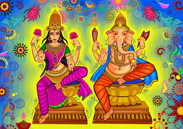 Gudinnan Lakshmi och Lord Ganesha för Diwali bön — Stock vektor