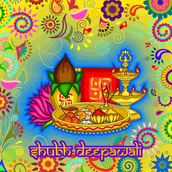 Diwali díszített puja könnyű fesztivál indiai thali — Stock Vector