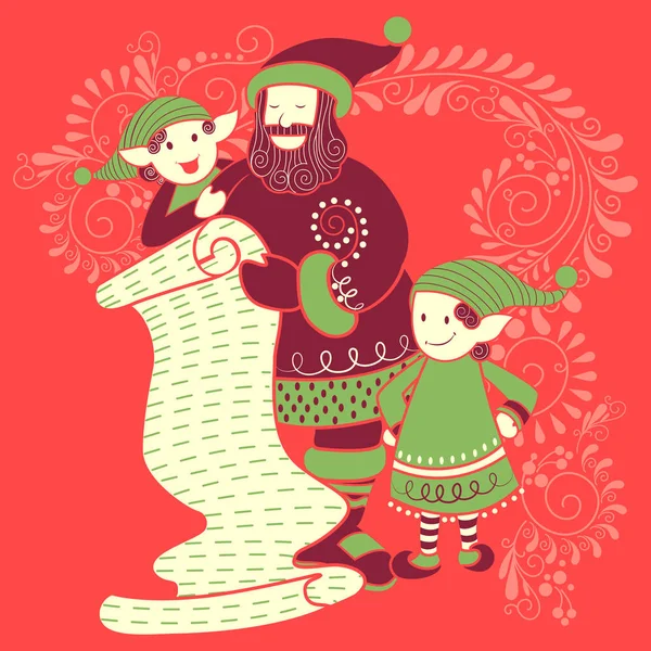 Santa y Elfo con regalo en Feliz Navidad Fondo de celebración de vacaciones — Archivo Imágenes Vectoriales