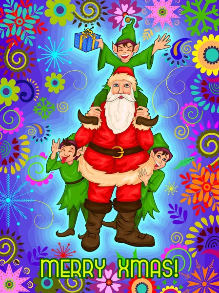 Télapó és Elf ajándék boldog karácsonyi ünnepeket ünnepe háttérben — Stock Vector