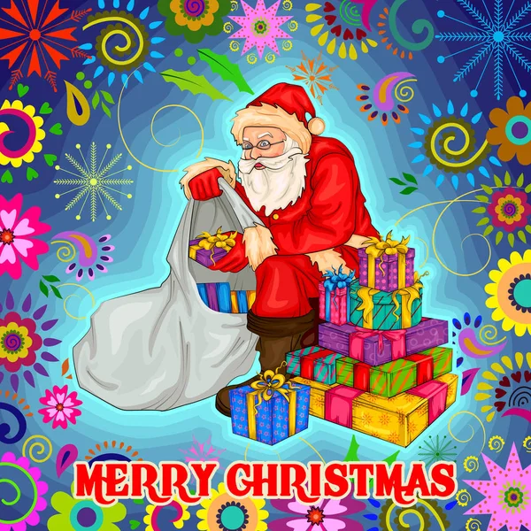 Weihnachtsmann mit Geschenk in frohe Weihnachten Feiertagsfeier Hintergrund — Stockvektor