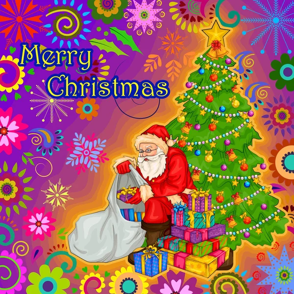 Санта с подарком на фоне празднования Рождества — стоковый вектор