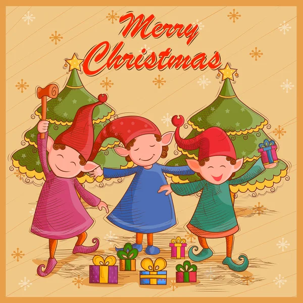 Elfe mit Geschenk für Fest frohe Weihnachten Feiertage Hintergrund — Stockvektor