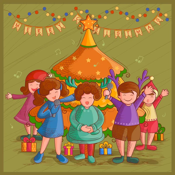 Niños cantando Carol para el festival Feliz Navidad fondo de vacaciones — Archivo Imágenes Vectoriales