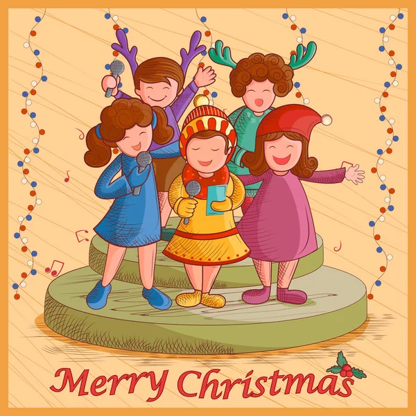 Kids singing Carol for festival Merry Christmas holiday background — Stock Vector