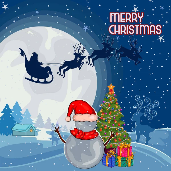Snowman with gift for Merry Christmas Holiday celebration background — Stock Vector