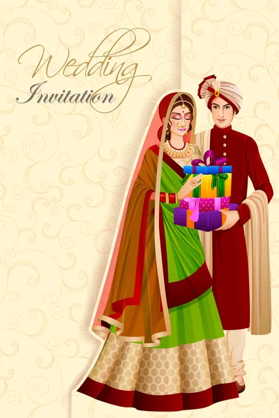 Индийская пара мужчин с подарком на свадебной церемонии в Индии — стоковый вектор