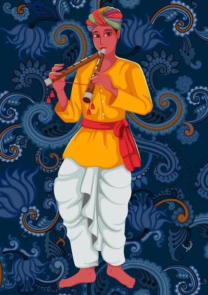 Artista tocando música folclórica Bansuri de la India — Vector de stock