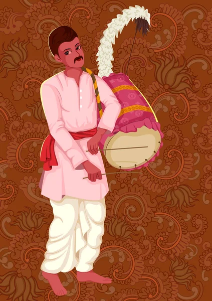 Artisten som spelas Dhak Dhol folkmusiken av Indien — Stock vektor