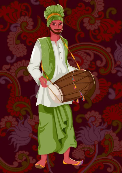 Artista tocando música folk Dhol de la India — Vector de stock