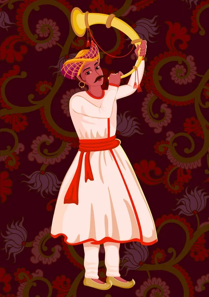 Artiste jouant de la musique folklorique Tutari de l'Inde — Image vectorielle