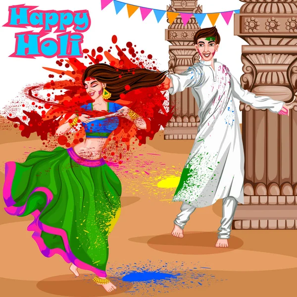 Orang India merayakan festival warna India Holi - Stok Vektor