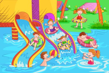 Çocuklar oynarken ve waterpark yaz tatil keyfi