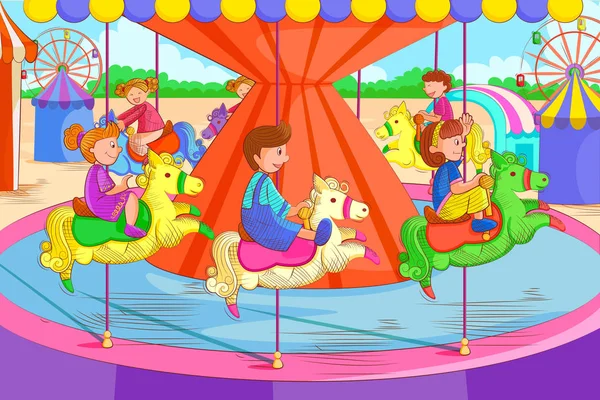 Kinderen spelen en genieten op de carrousel in zomervakantie — Stockvector