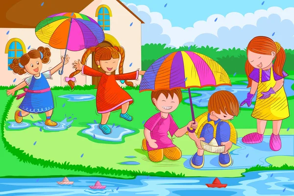 Enfants jouant et appréciant sous la pluie — Image vectorielle
