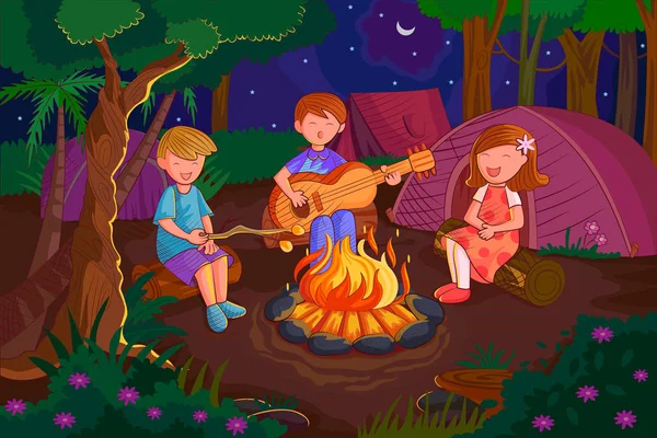 Děti těší hudba ohně na noc tábor v letních prázdnin — Stockový vektor