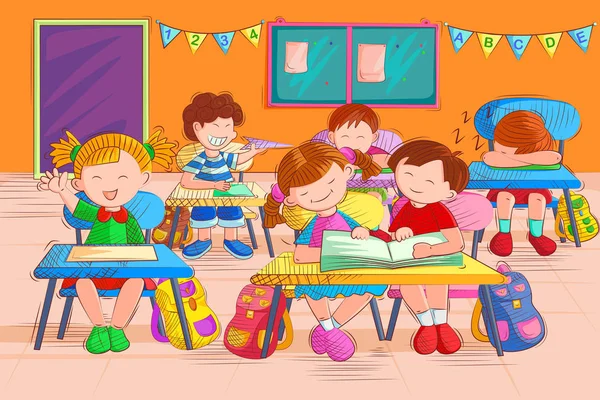 Crianças lendo livro em sala de aula — Vetor de Stock
