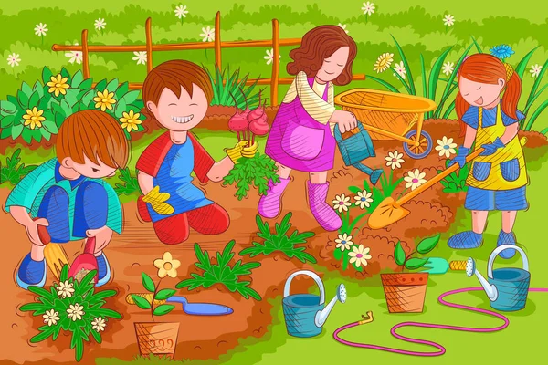 Kinder genießen Gartenarbeit in den Sommerferien — Stockvektor