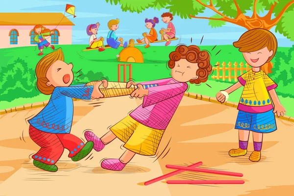 Anak-anak bermain dan berkelahi di taman - Stok Vektor
