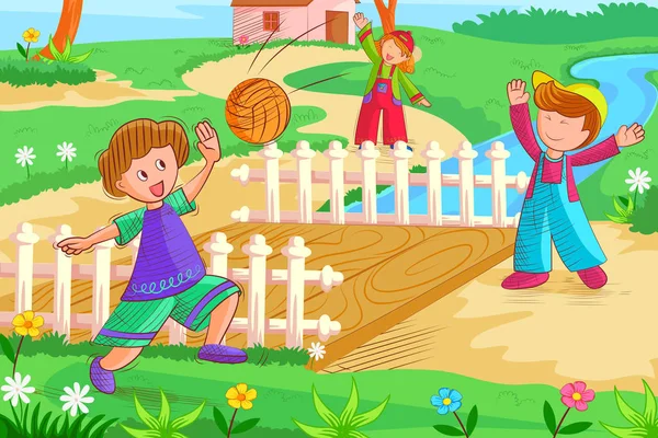 Bambini che giocano e si divertono a pallavolo in vacanza estiva — Vettoriale Stock