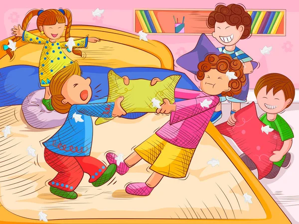 Дети сражаются на подушках и наслаждаются летними каникулами — стоковый вектор