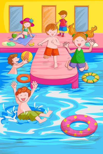 Crianças brincando e desfrutando no parque aquático em férias de verão —  Vetores de Stock